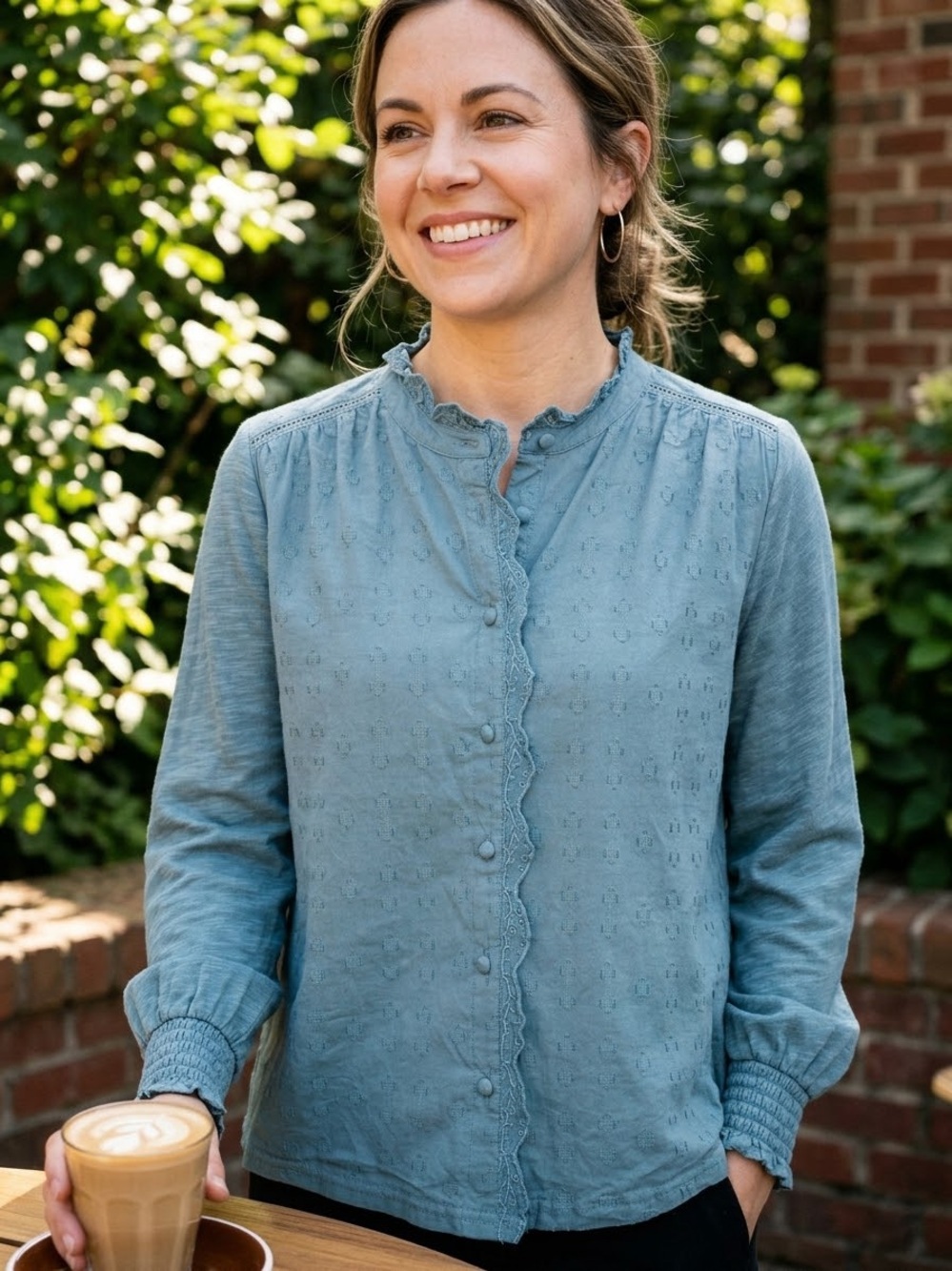 Democracy Embroidered Scalloped Top- style BP73576C5E- Dusty Blue PM